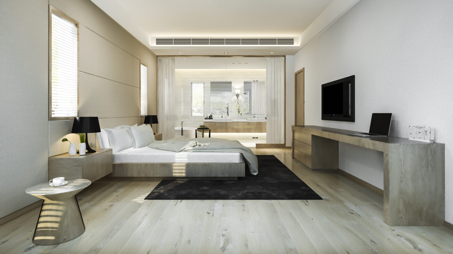 3d rendering modern luxury bedroom suite and bathroom